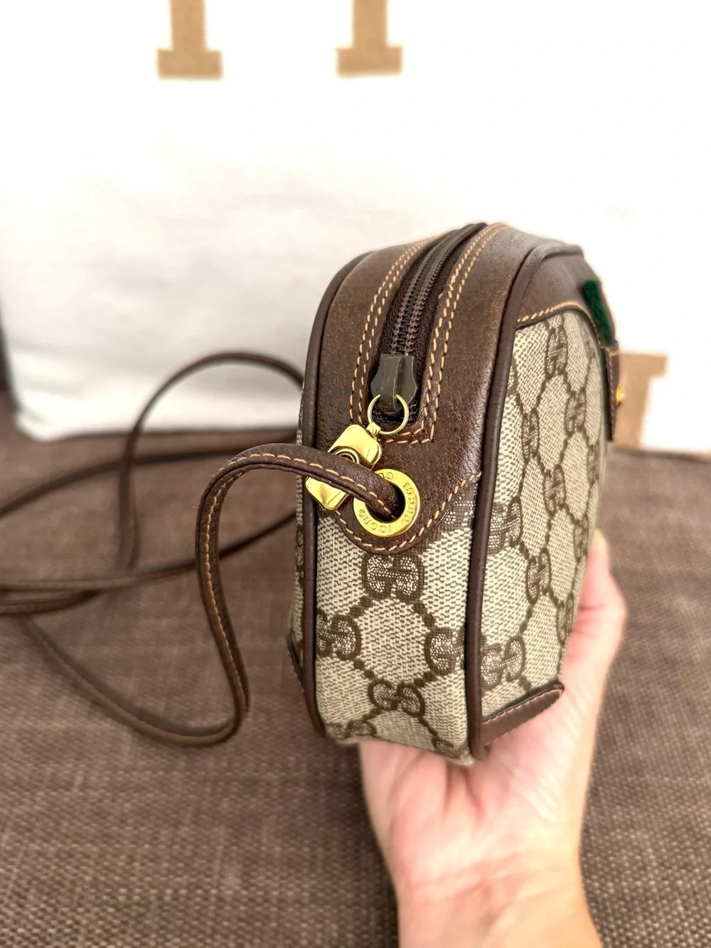 Authentic Gucci brown monogram coated canvas crossbody bag gold hardware